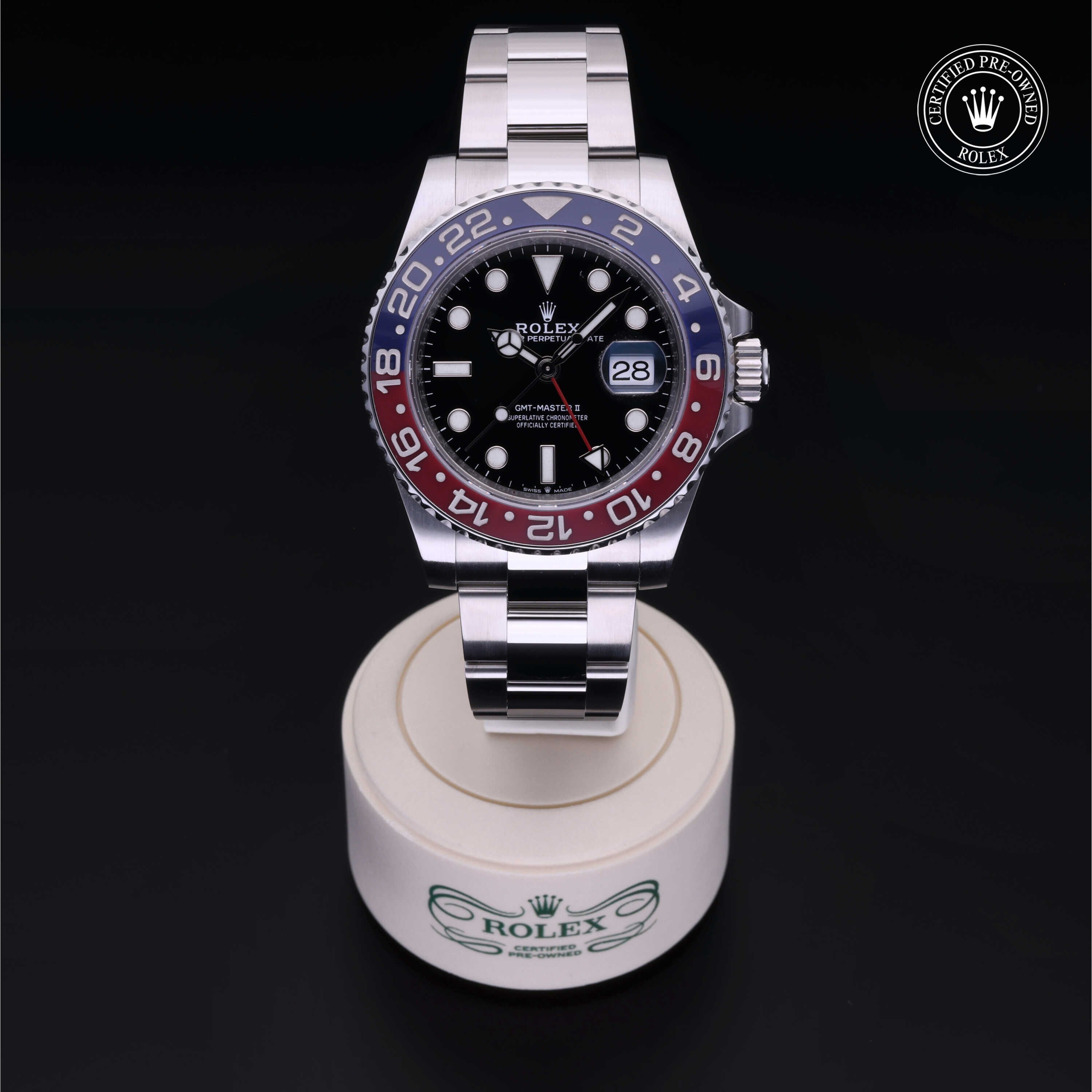 Rolex Certified Pre-owned GMT M126710BLRO-0002 front on black background