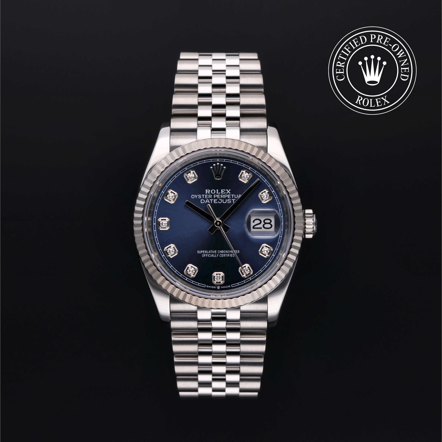 Rolex Certified Pre-owned Datejust M126234-0037 front on black background