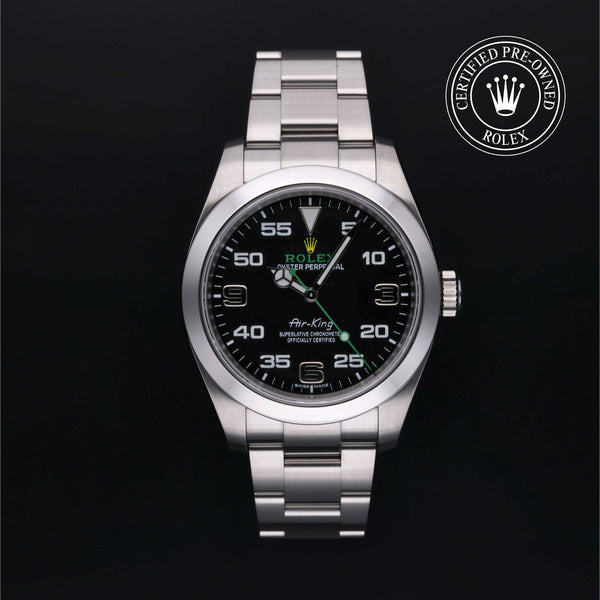 Rolex Certified Pre-owned Air-King M116900-0001 front on black background