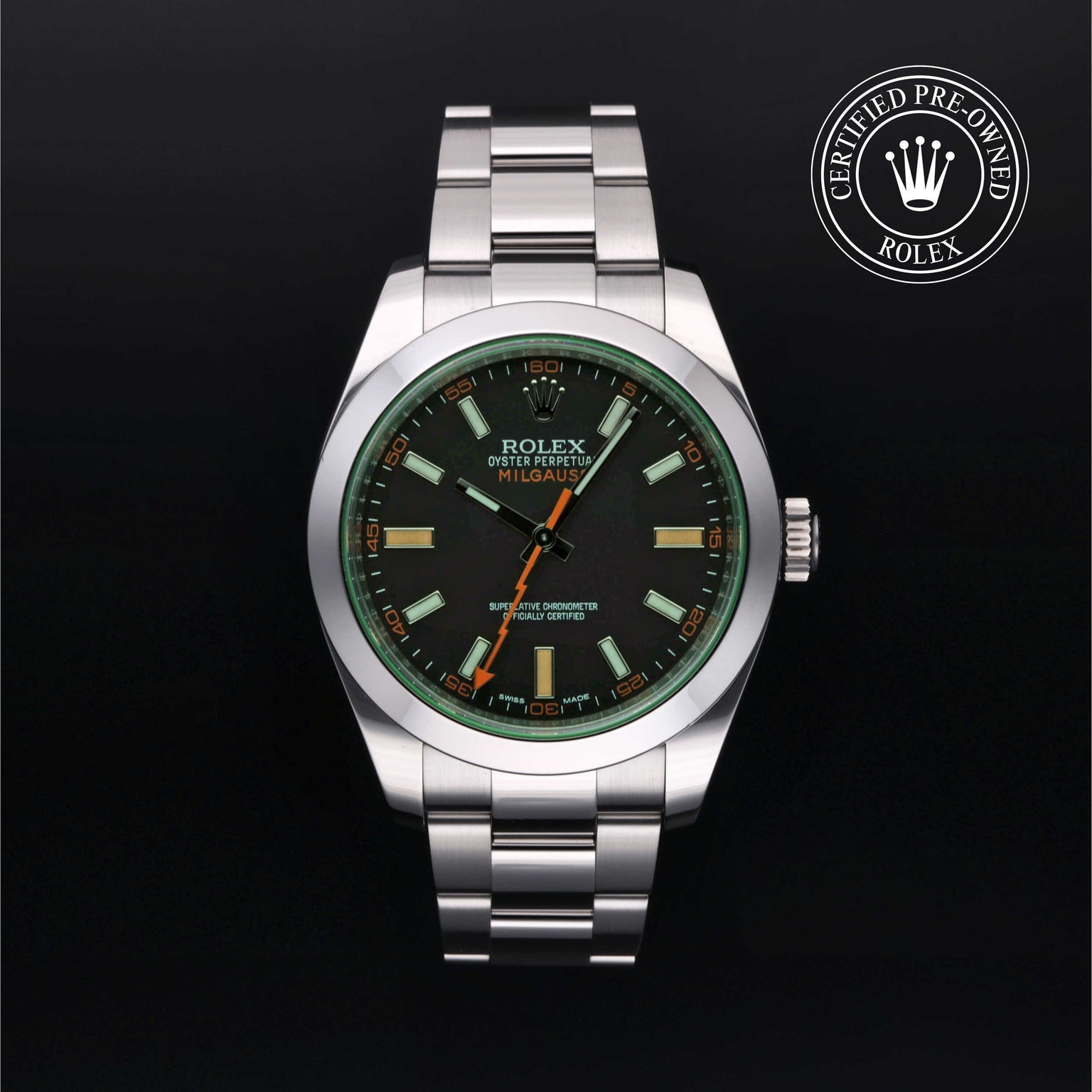 Rolex Certified Pre-owned Milgauss M116400GV-0001 front on black background