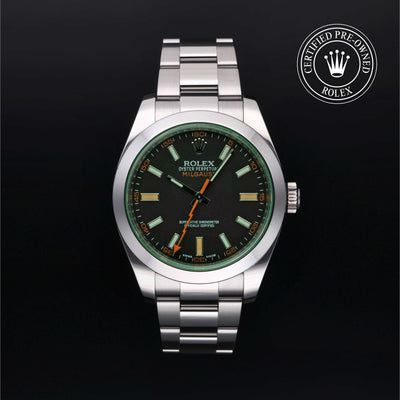 Rolex Certified Pre-owned Milgauss M116400GV-0001 front on black background