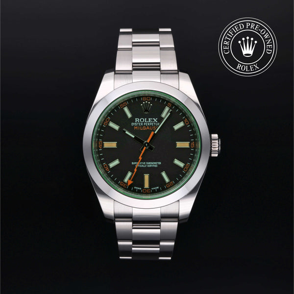 Rolex Certified Pre-owned Milgauss M116400GV-0001 front on black background