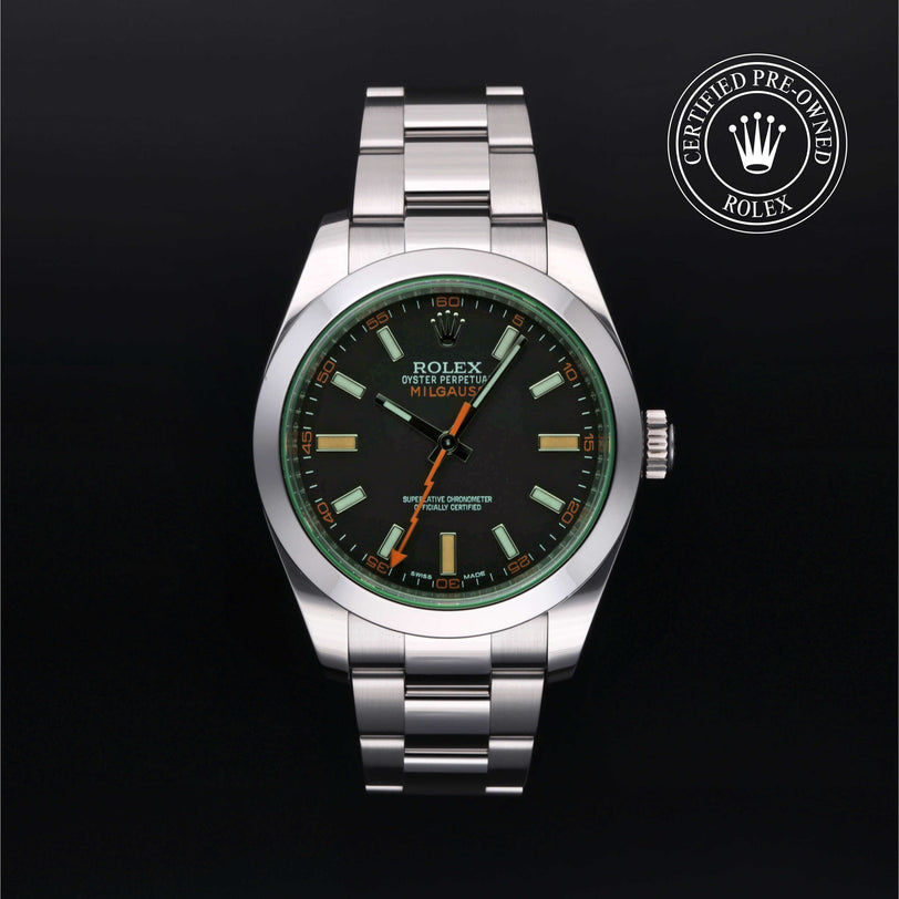 Rolex Certified Pre-owned Milgauss M116400GV-0001 front on black background