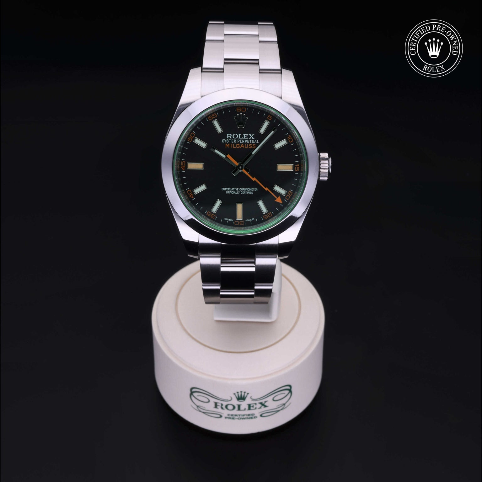 Rolex Certified Pre-owned Milgauss M116400GV-0001 front on black background