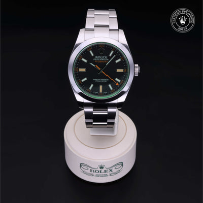 Rolex Certified Pre-owned Milgauss M116400GV-0001 front on black background