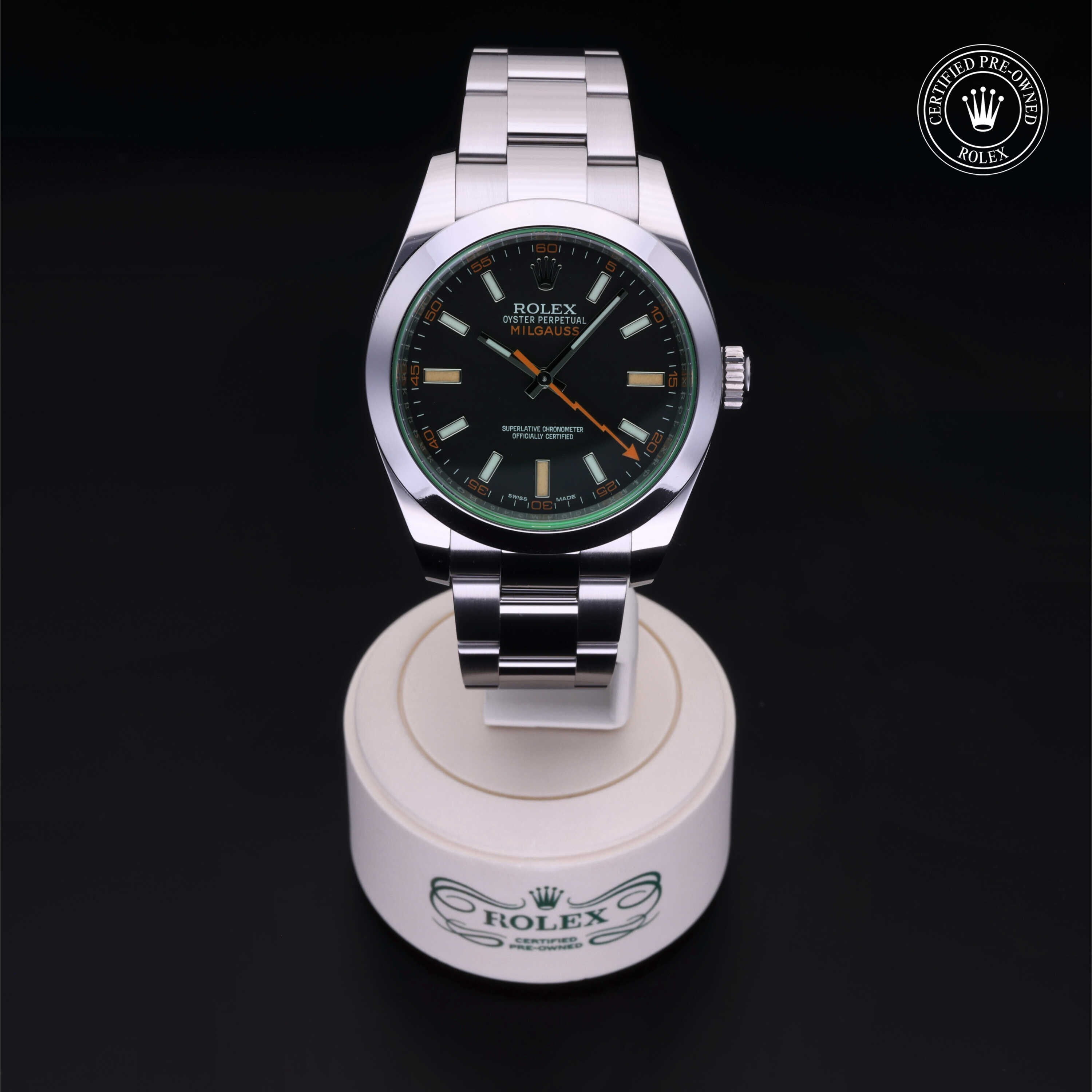 Rolex Certified Pre-owned Milgauss M116400GV-0001 front on black background