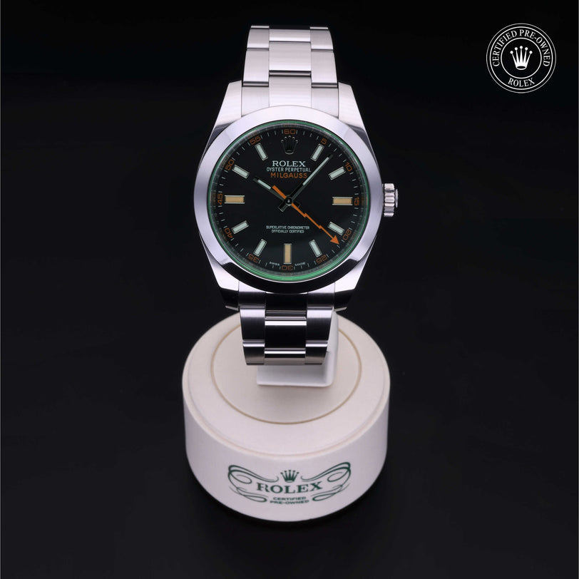 Rolex Certified Pre-owned Milgauss M116400GV-0001 front on black background