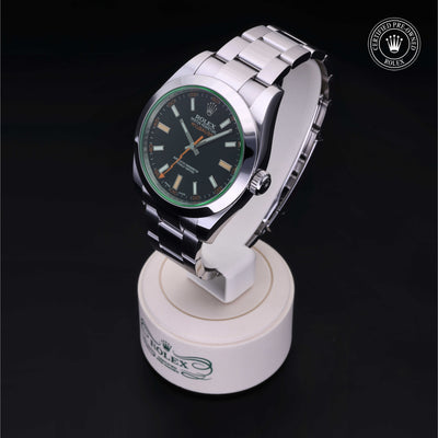 Rolex Certified Pre-owned Milgauss M116400GV-0001 front on black background