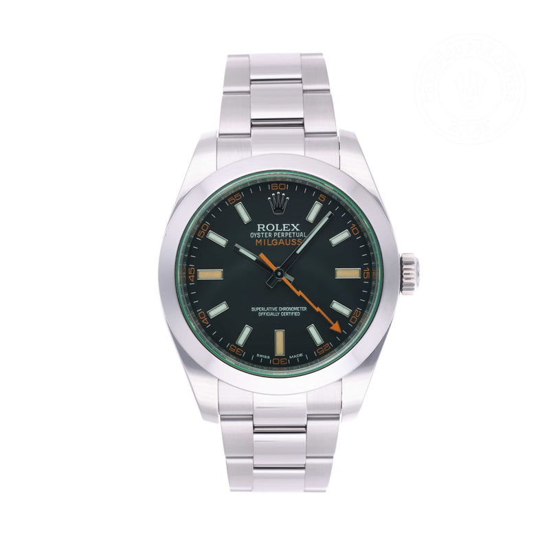 Rolex Certified Pre-owned Milgauss M116400GV-0001 front on white background