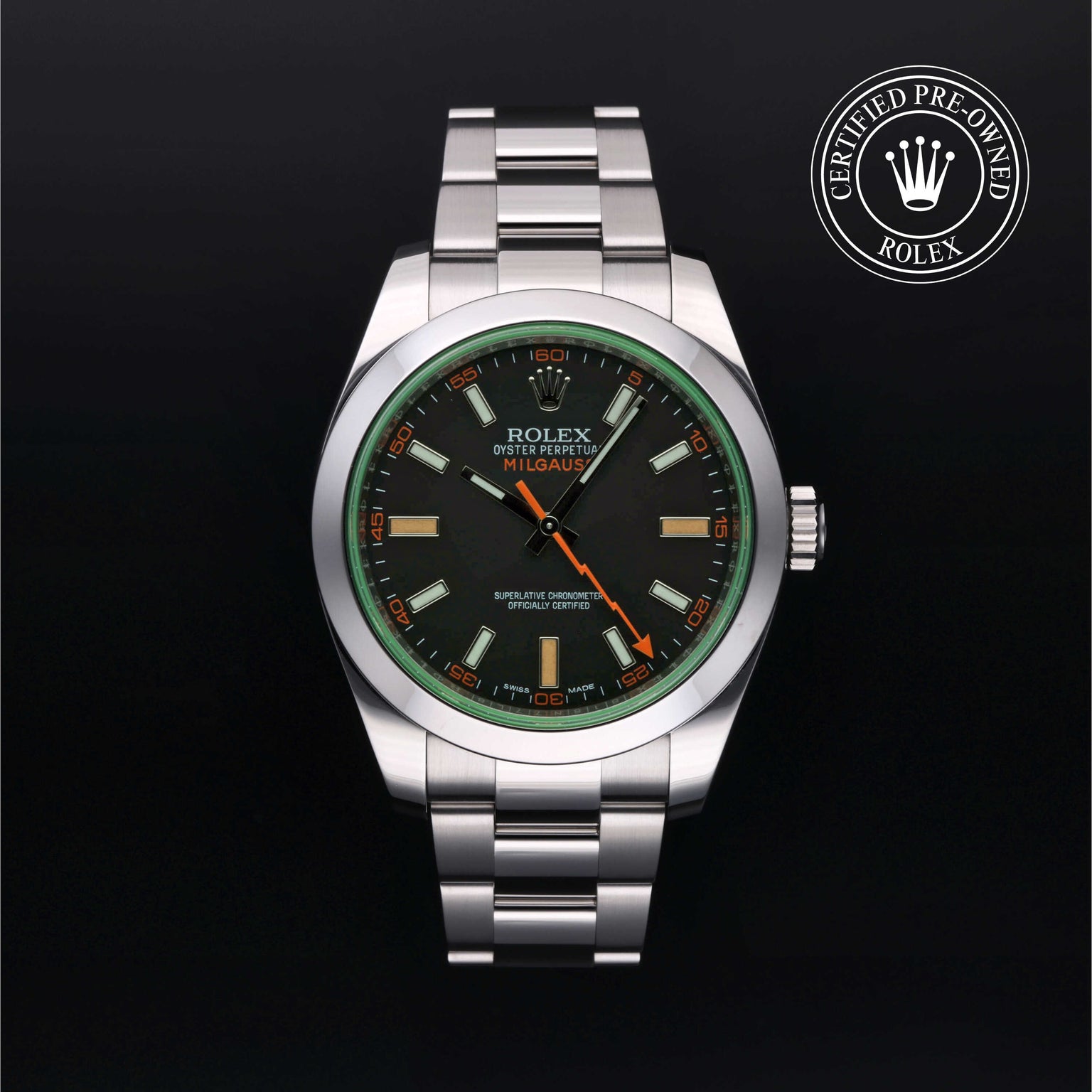 Rolex Certified Pre-owned Milgauss M116400GV-0001 front on black background