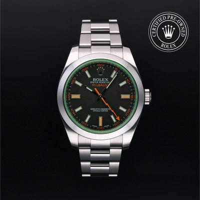 Rolex Certified Pre-owned Milgauss M116400GV-0001 front on black background