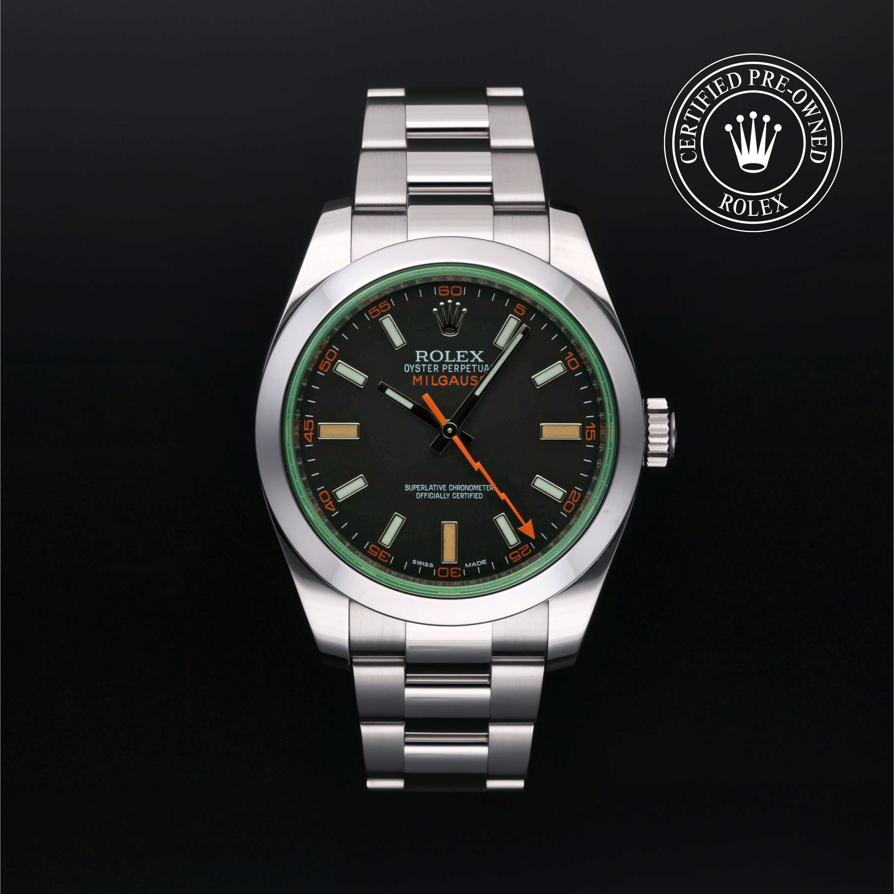 Rolex Certified Pre-owned Milgauss M116400GV-0001 front on black background