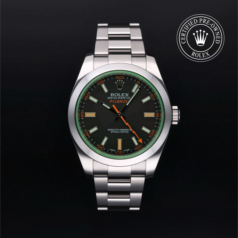 Rolex Certified Pre-owned Milgauss M116400GV-0001 front on black background
