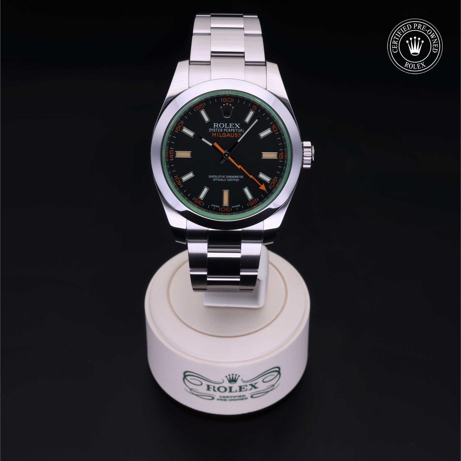 Rolex Certified Pre-owned Milgauss M116400GV-0001 front on black background