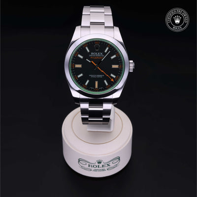 Rolex Certified Pre-owned Milgauss M116400GV-0001 front on black background