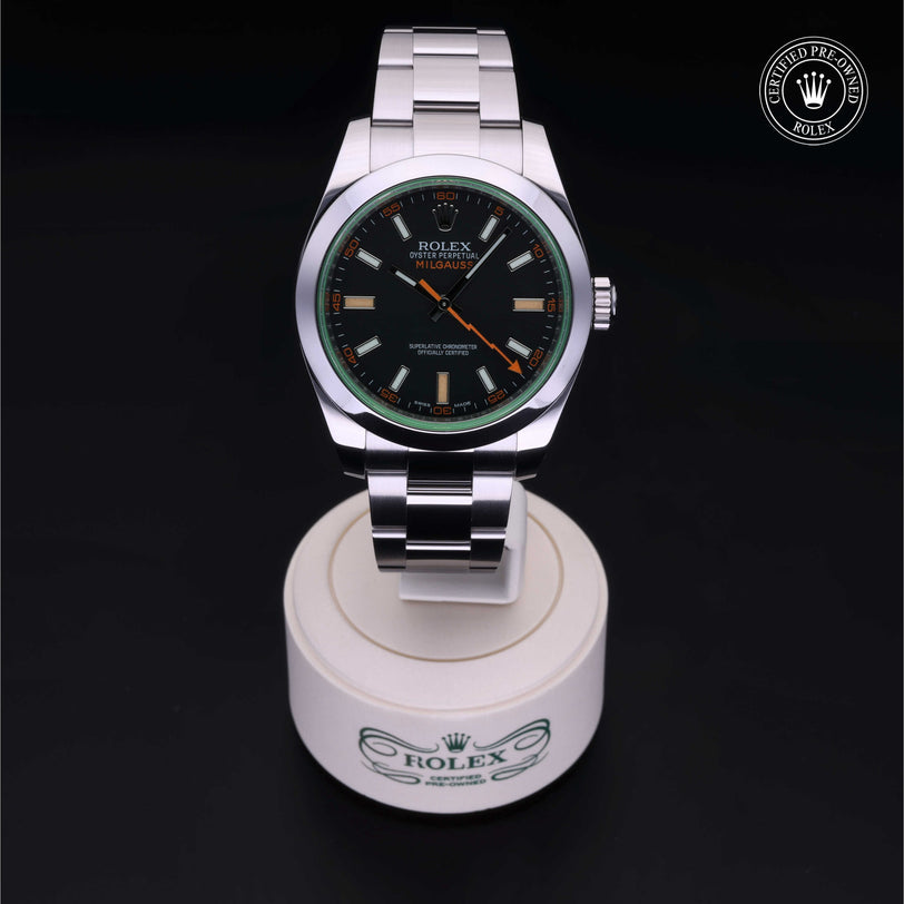 Rolex Certified Pre-owned Milgauss M116400GV-0001 front on black background