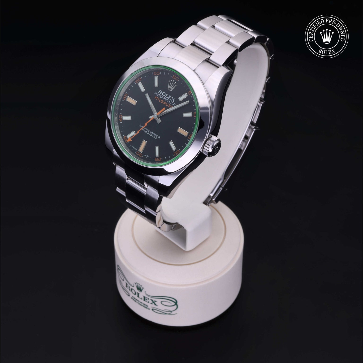 Rolex Certified Pre-owned Milgauss M116400GV-0001 front on black background