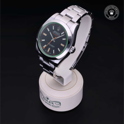 Rolex Certified Pre-owned Milgauss M116400GV-0001 front on black background