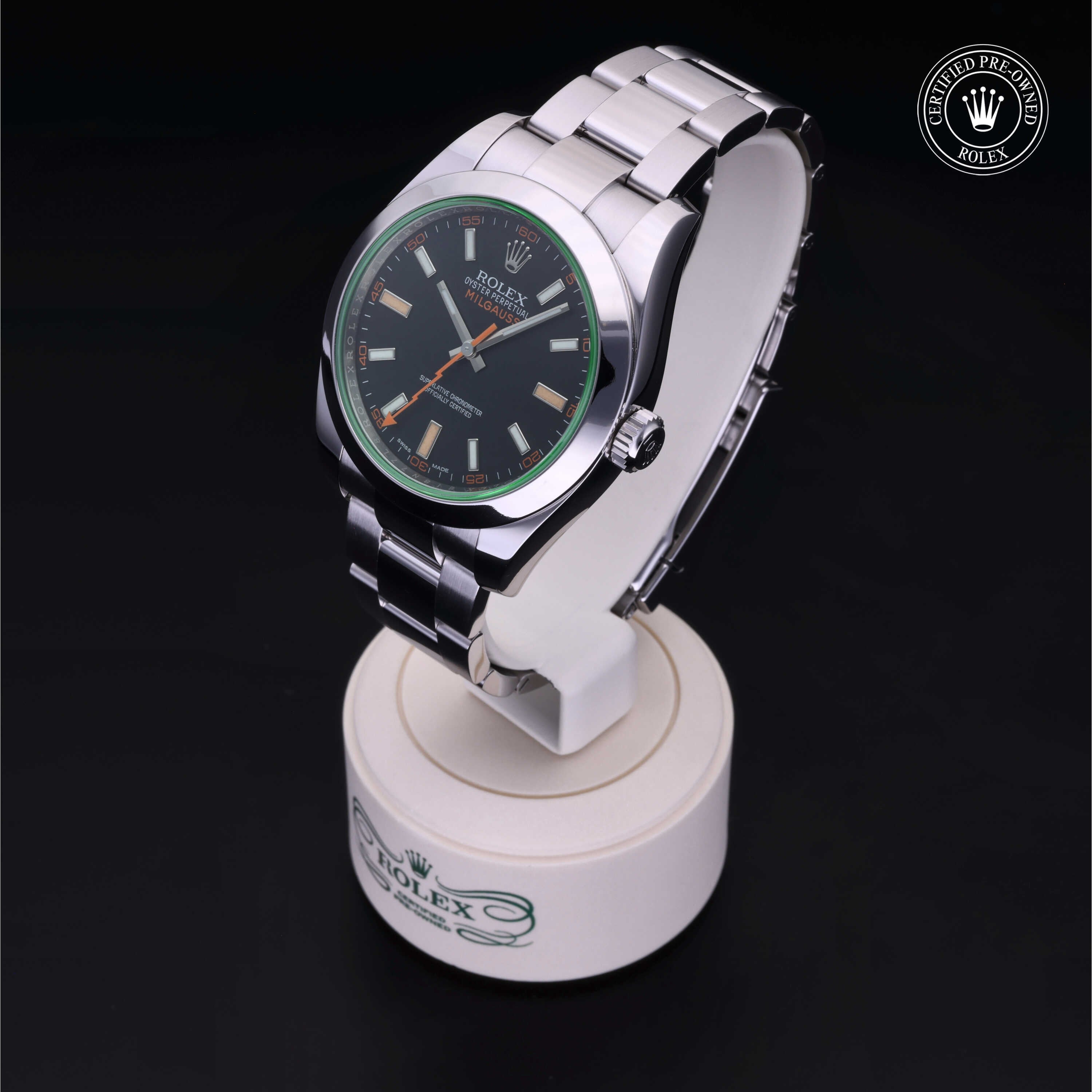 Rolex Certified Pre-owned Milgauss M116400GV-0001 front on black background