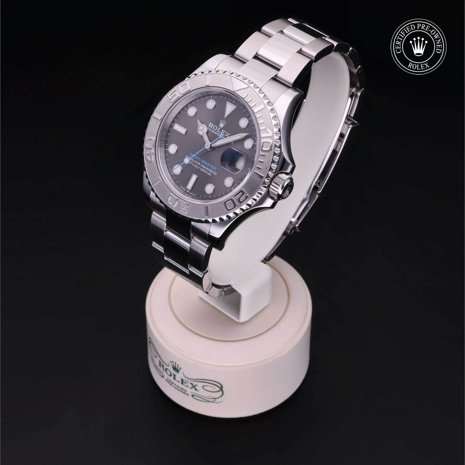 Rolex Certified Pre-owned Yacht-Master M126622-0001 front on black background