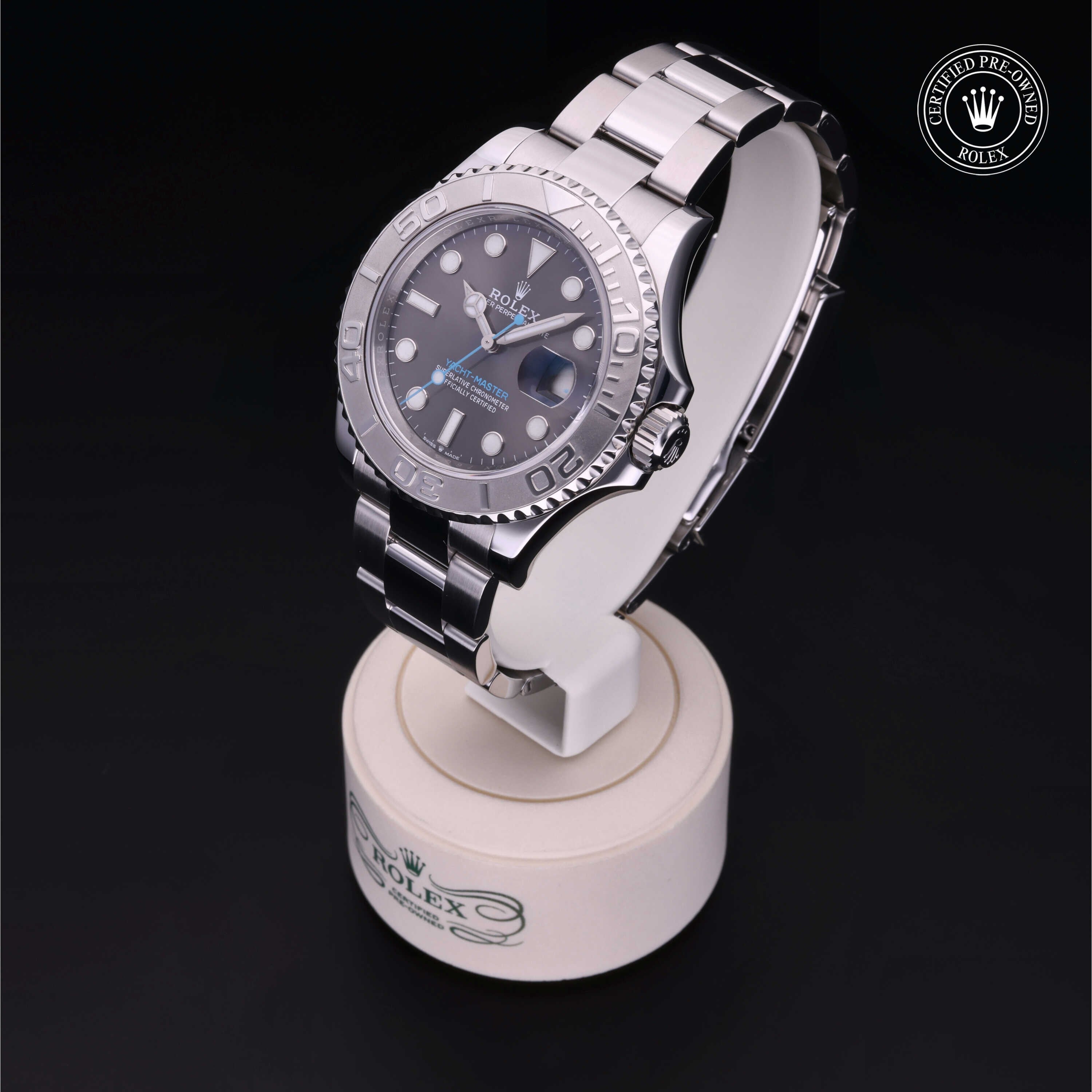 Rolex Certified Pre-owned Yacht-Master M126622-0001 front on black background