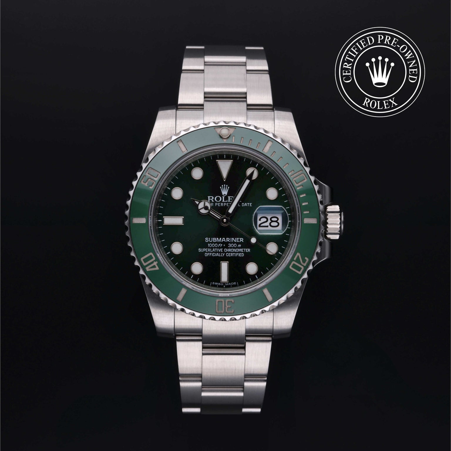 Rolex Certified Pre-owned Submariner M116610LV-0002 front on black background