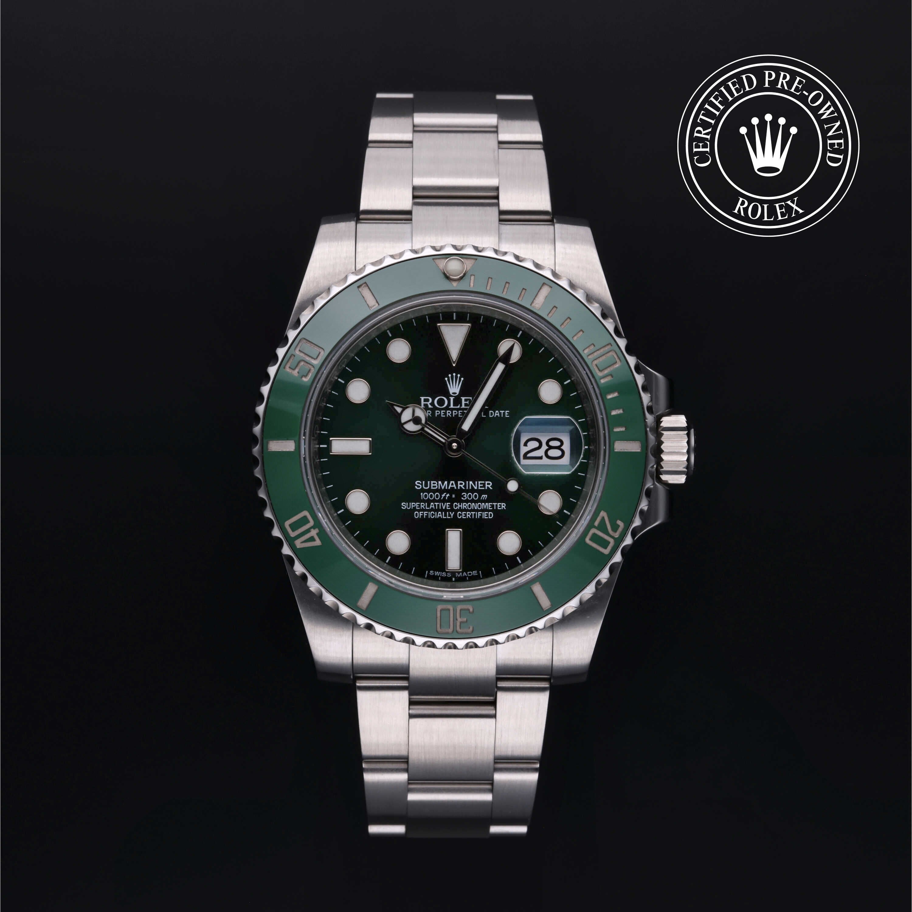 Rolex Certified Pre-owned Submariner M116610LV-0002 front on black background