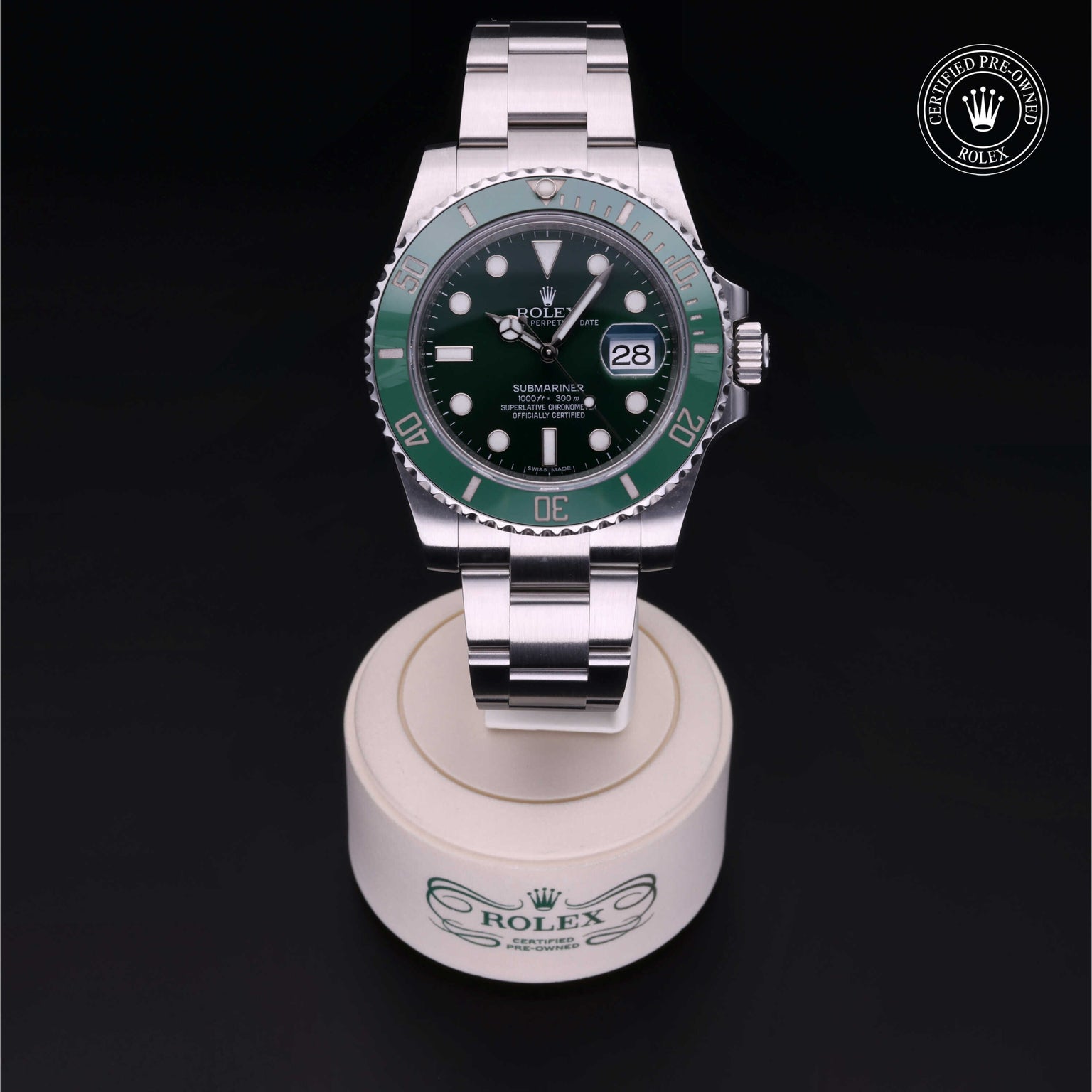 Rolex Certified Pre-owned Submariner M116610LV-0002 front on black background