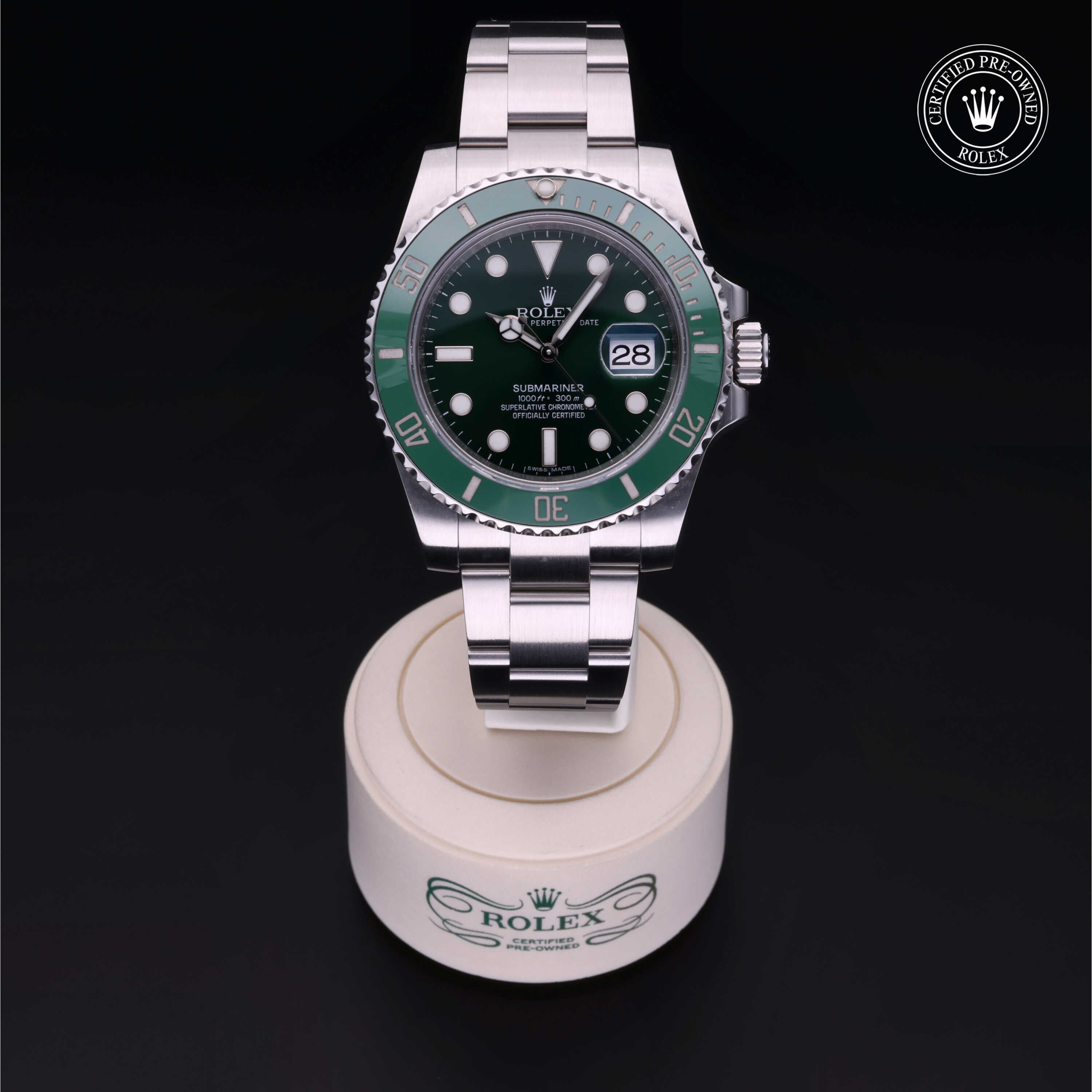 Rolex Certified Pre-owned Submariner M116610LV-0002 front on black background