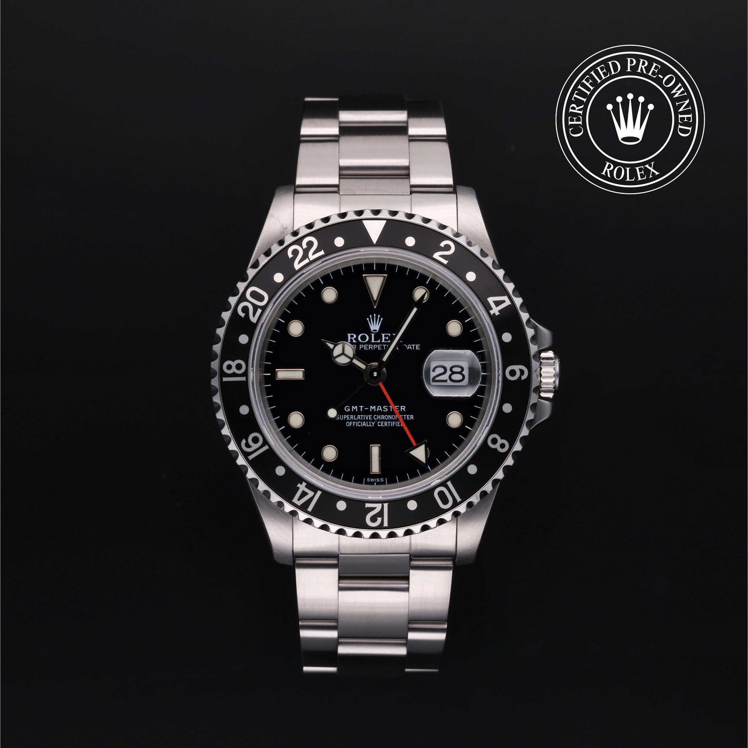 Rolex Certified Pre-owned GMT M16700LN-0001 front on black background