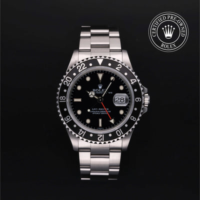 Rolex Certified Pre-owned GMT M16700LN-0001 front on black background