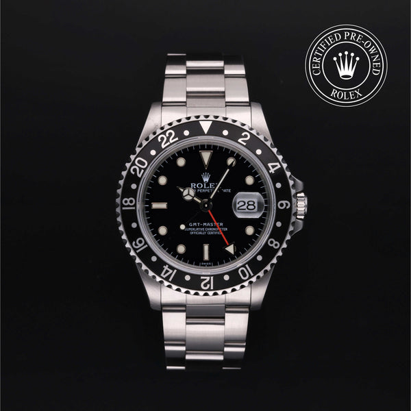 Rolex Certified Pre-owned GMT M16700LN-0001 front on black background