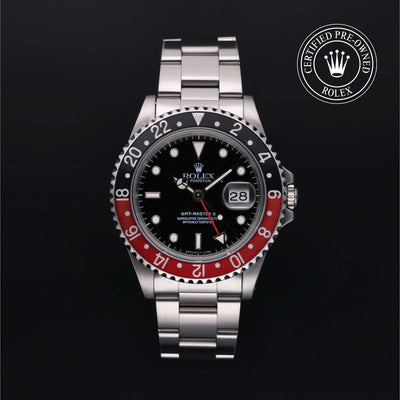 Rolex Certified Pre-owned GMT II M16710-0009 front on black background