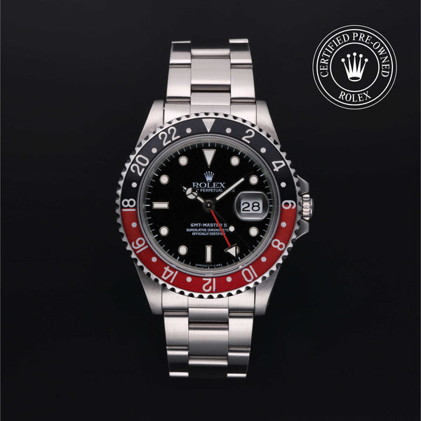 Rolex Certified Pre-owned GMT II M16710-0009 front on black background