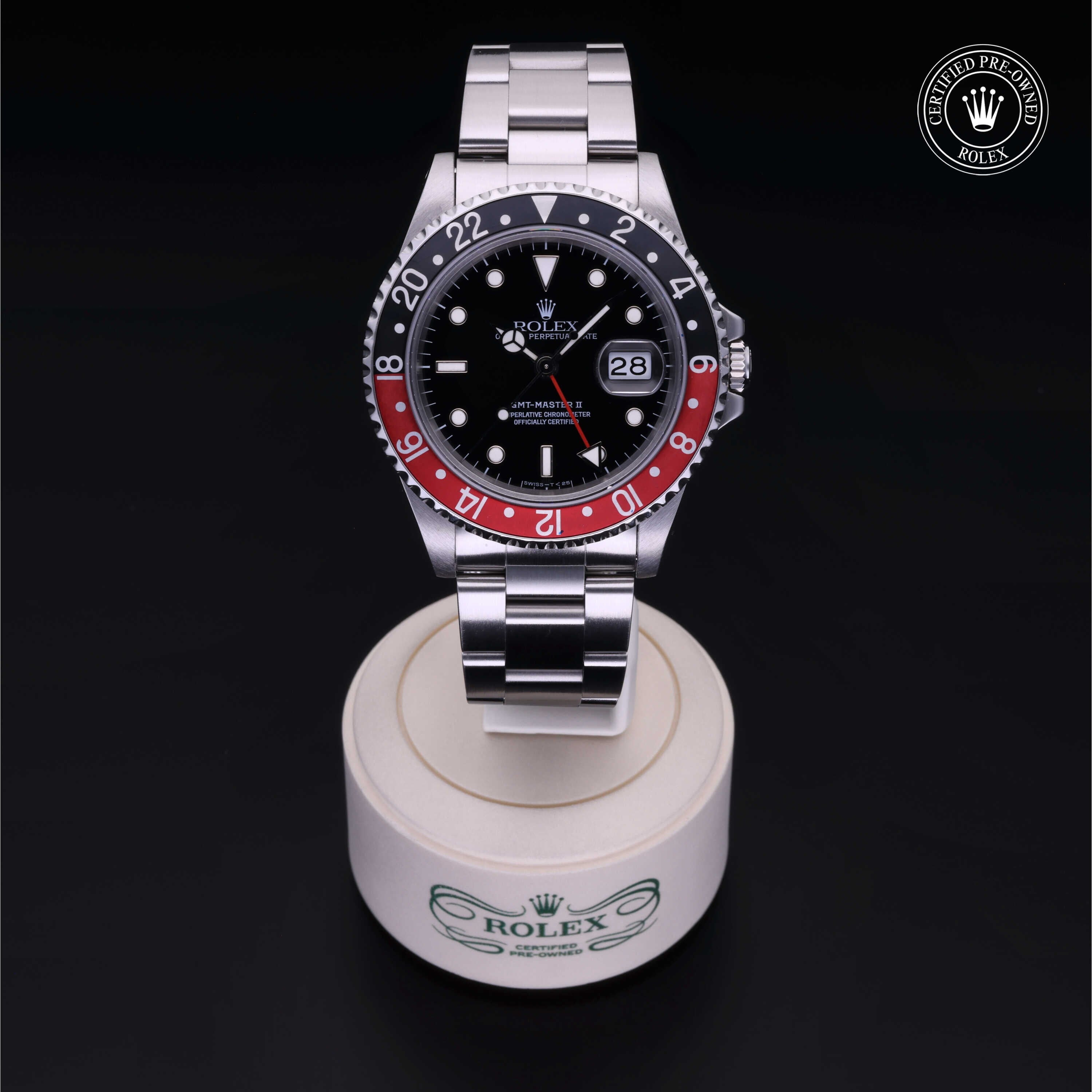 Rolex Certified Pre-owned GMT II M16710-0009 front on black background