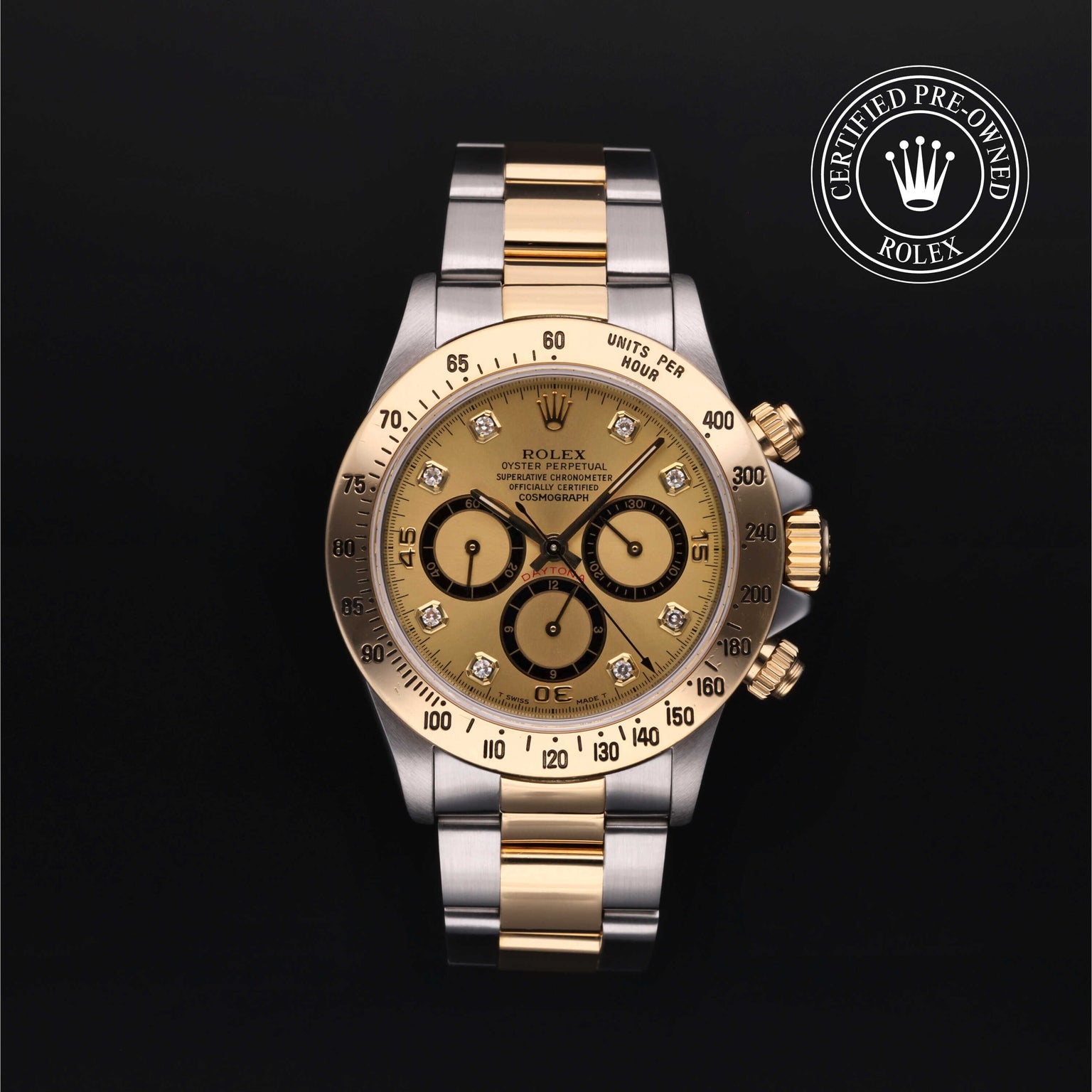 Rolex Certified Pre-owned Daytona M16523-0010 front on black background