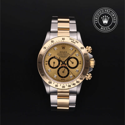 Rolex Certified Pre-owned Daytona M16523-0010 front on black background