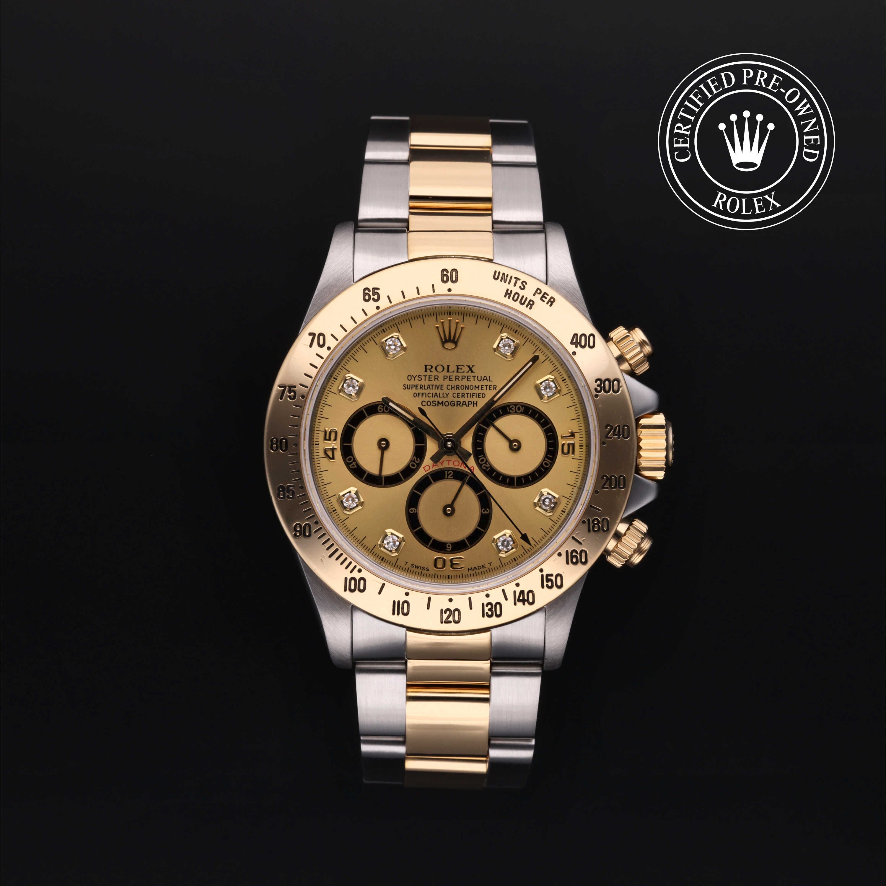Rolex Certified Pre-owned Daytona M16523-0010 front on black background