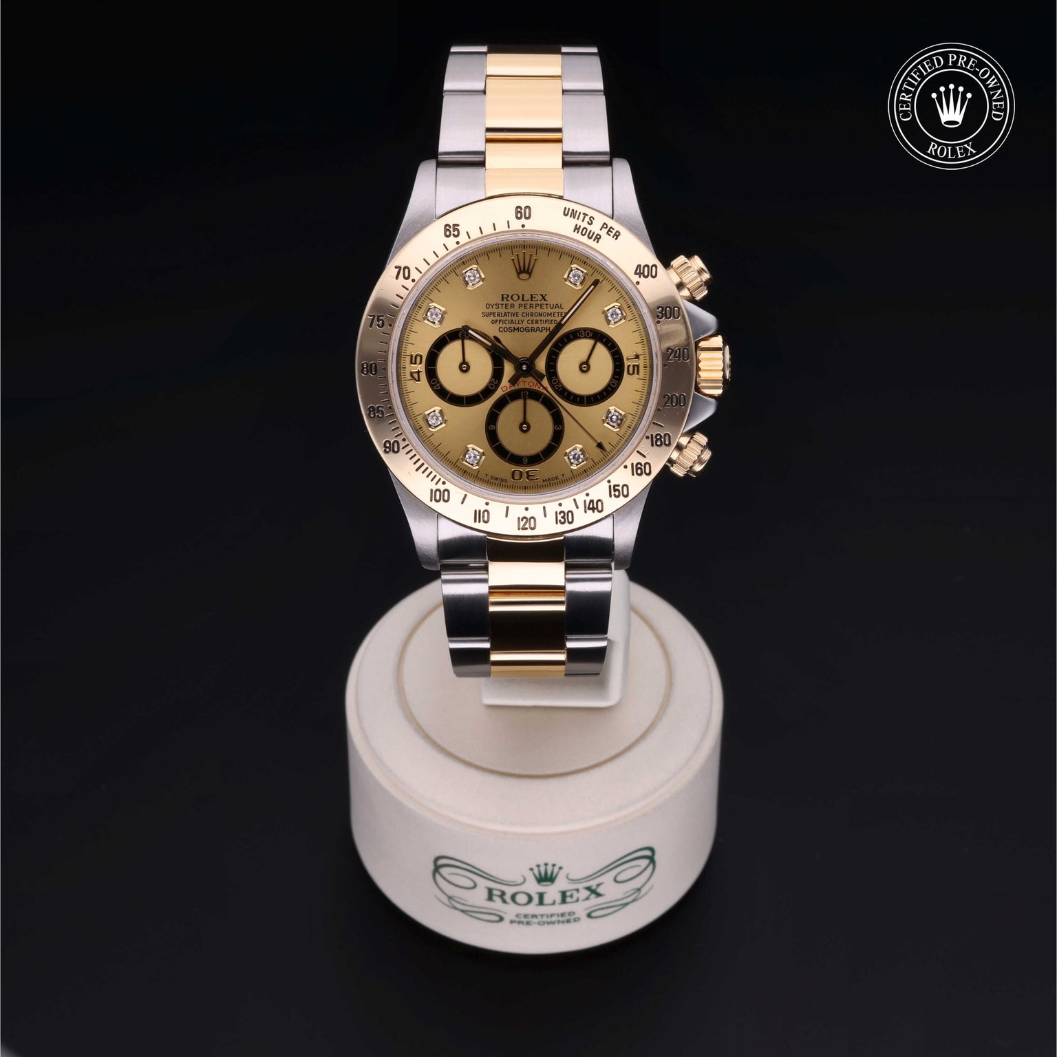 Rolex Certified Pre-owned Daytona M16523-0010 front on black background