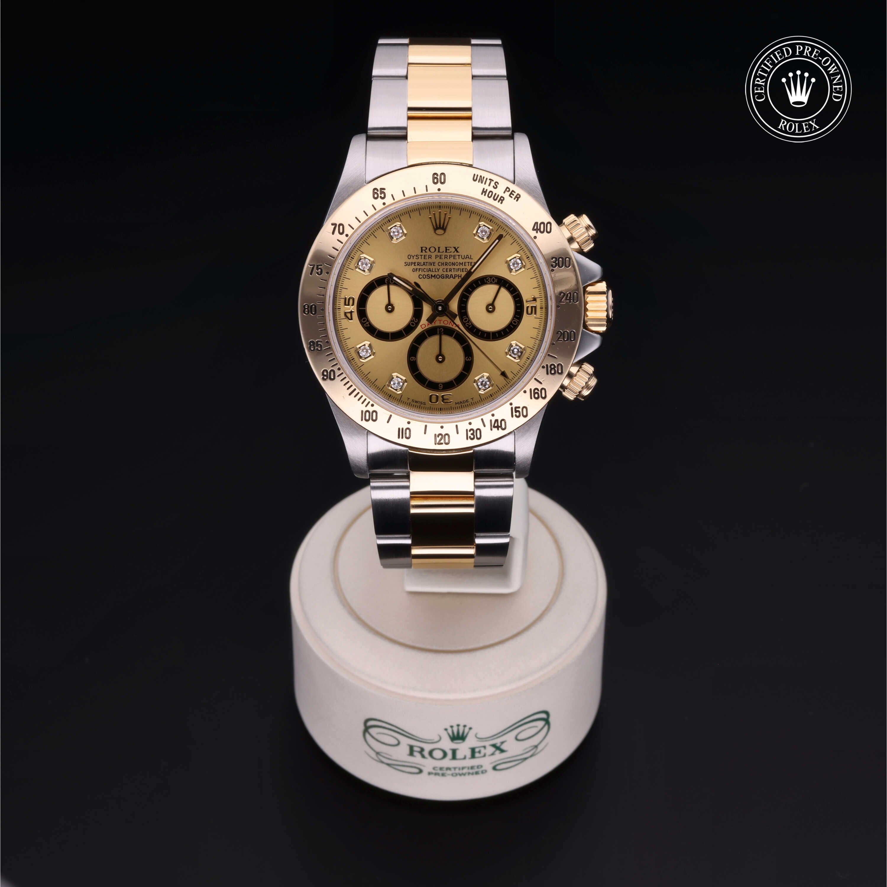 Rolex Certified Pre-owned Daytona M16523-0010 front on black background
