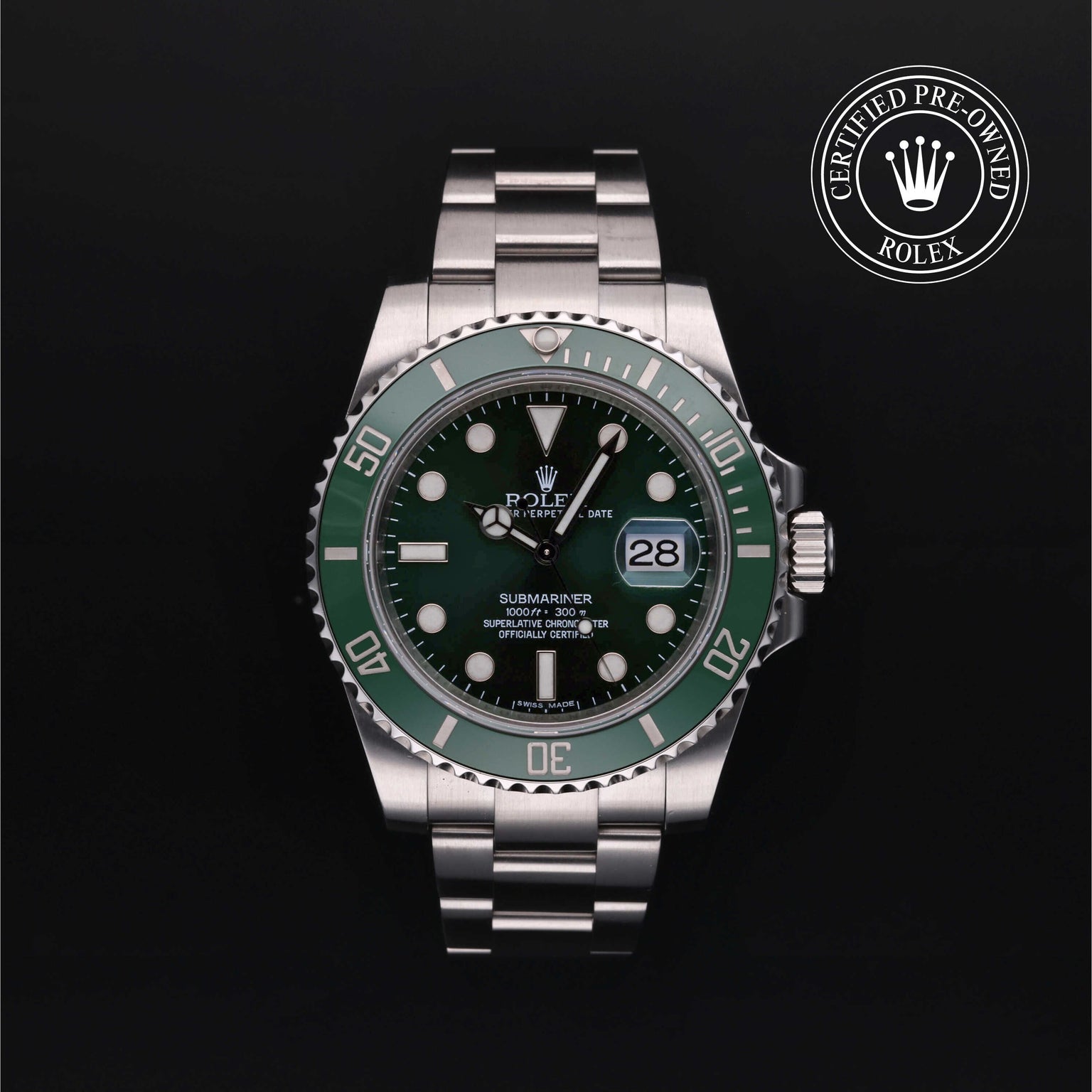 Rolex Certified Pre-owned Submariner M116610LV-0002 front on black background