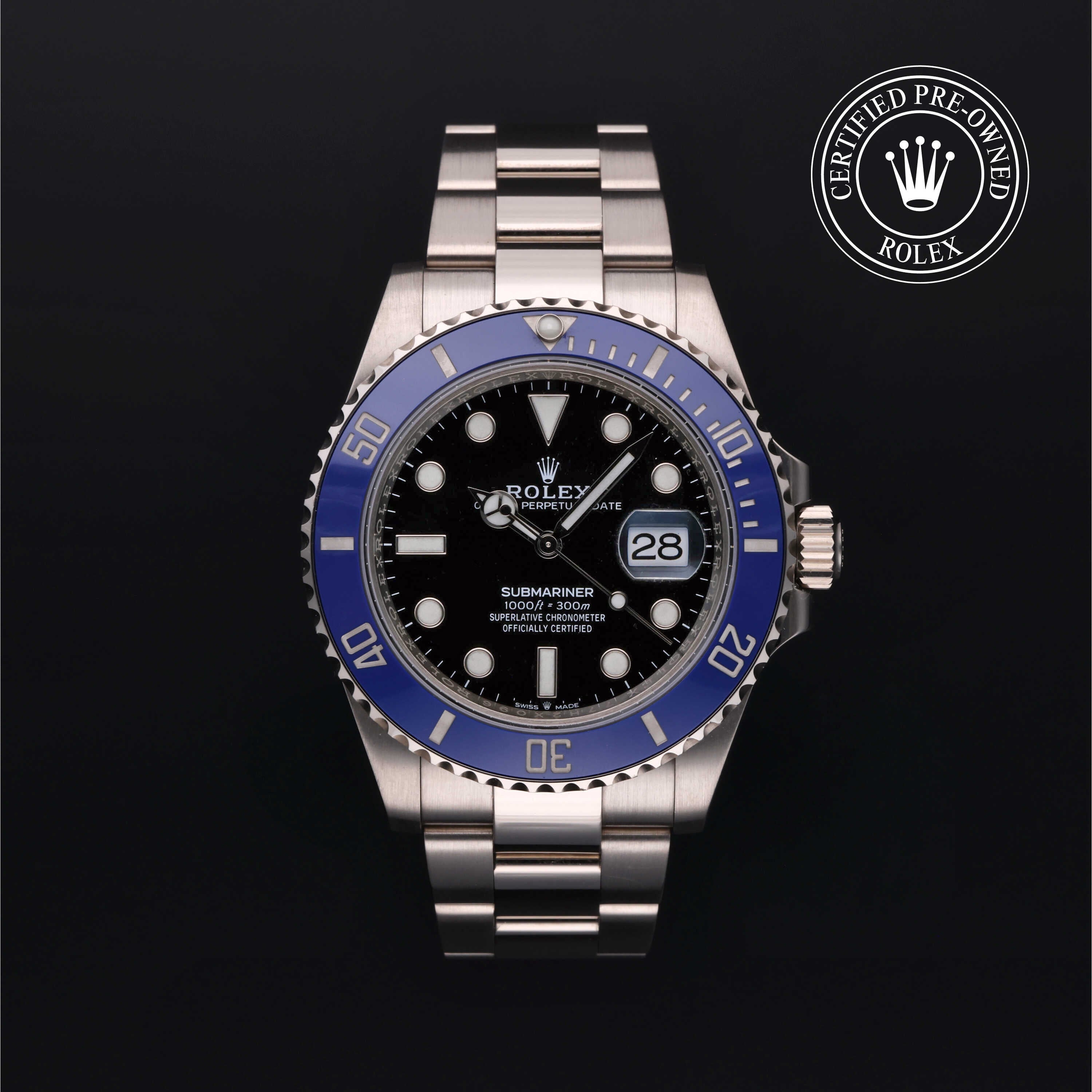 Rolex Certified Pre-owned Submariner M126619LB-0003 front on black background