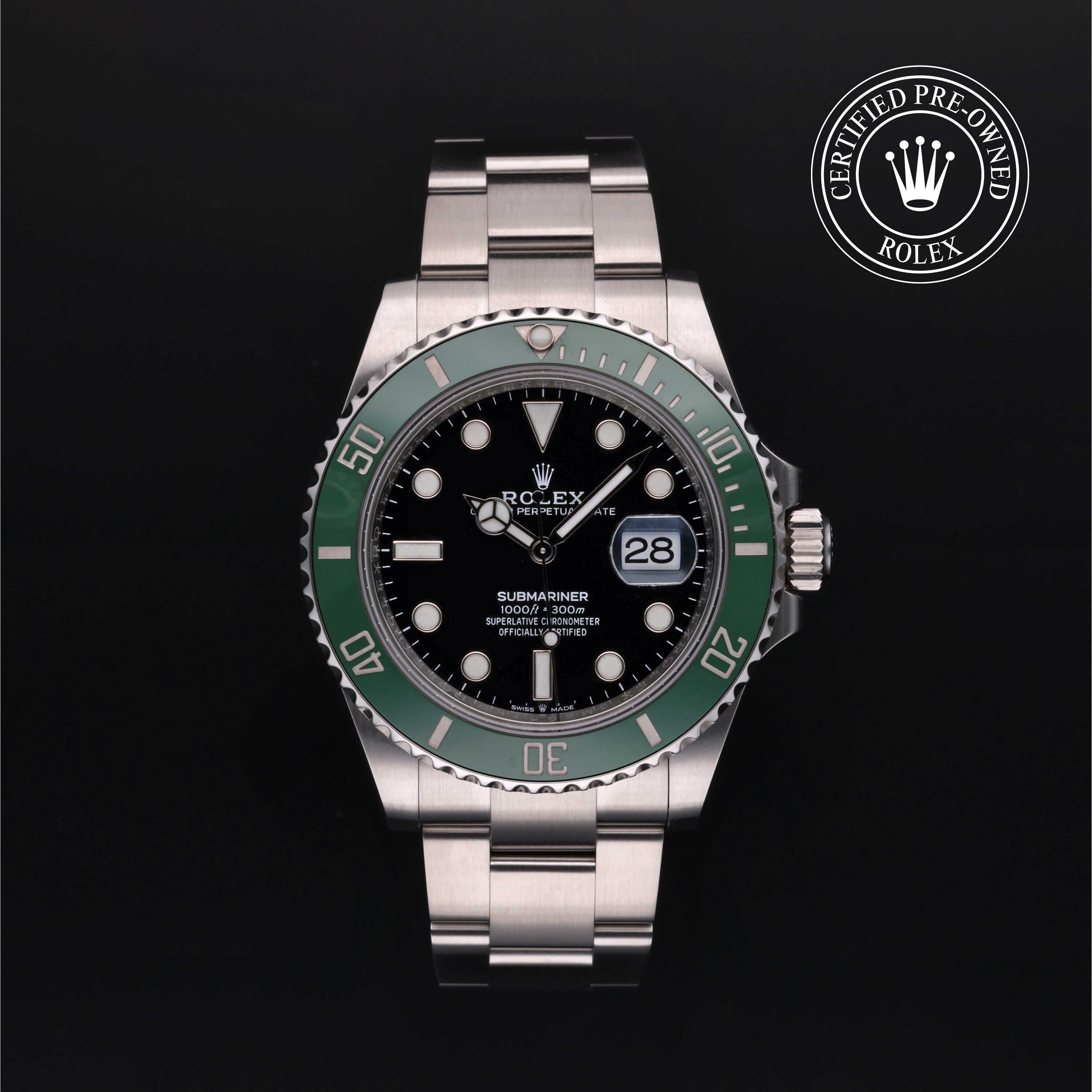 Rolex Certified Pre-owned Submariner M126610LV-0002 front on black background