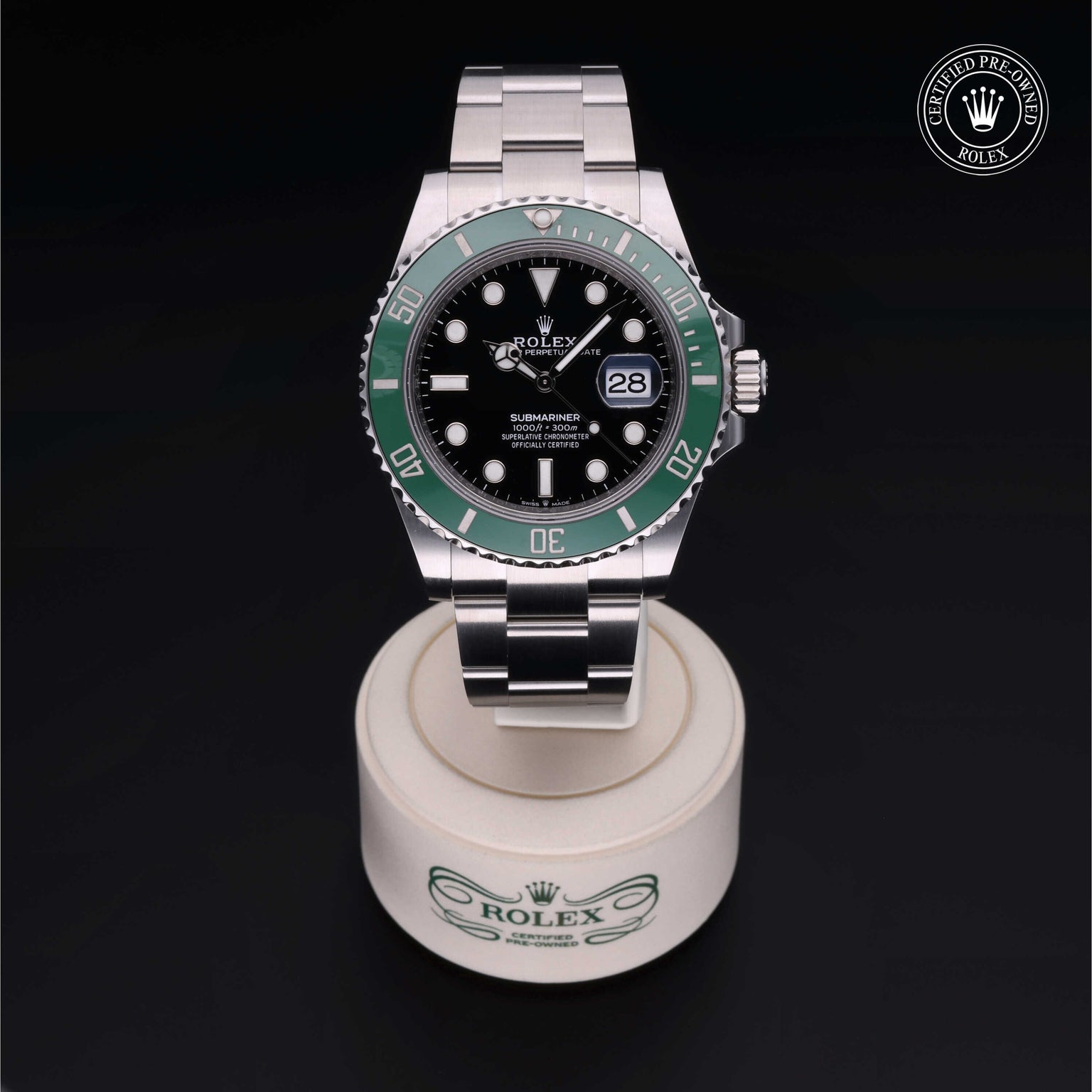 Rolex Certified Pre-owned Submariner M126610LV-0002 front on black background