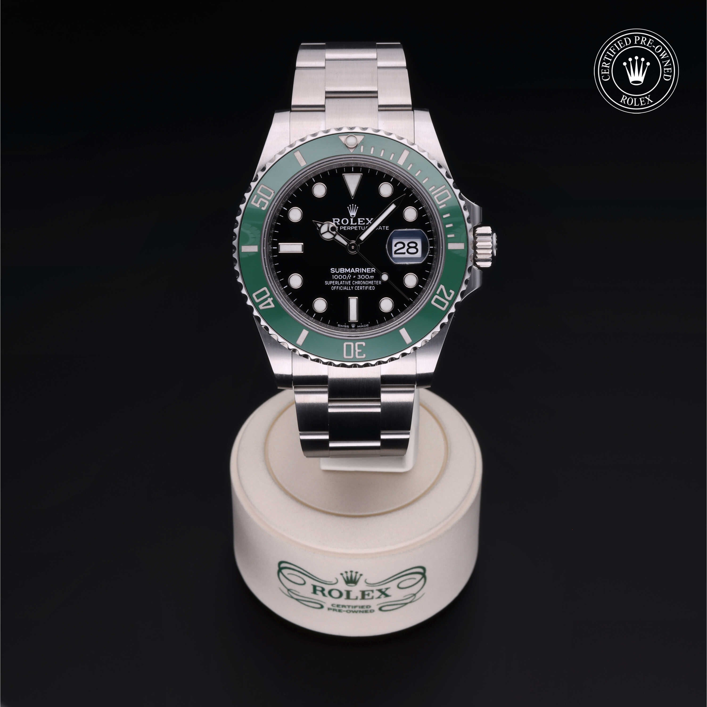 Rolex Certified Pre-owned Submariner M126610LV-0002 front on black background