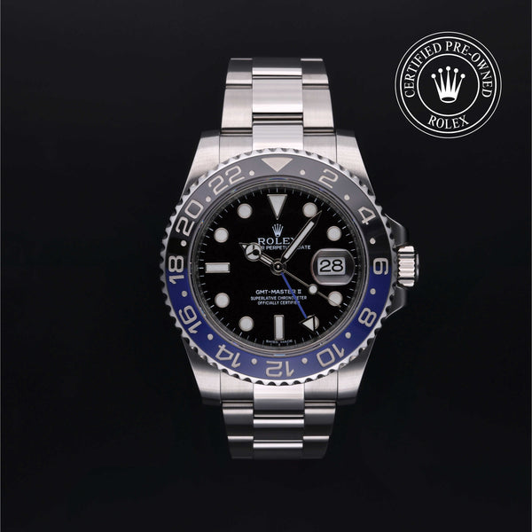 Rolex Certified Pre-owned GMT II M116710BLNR-0002 front on black background