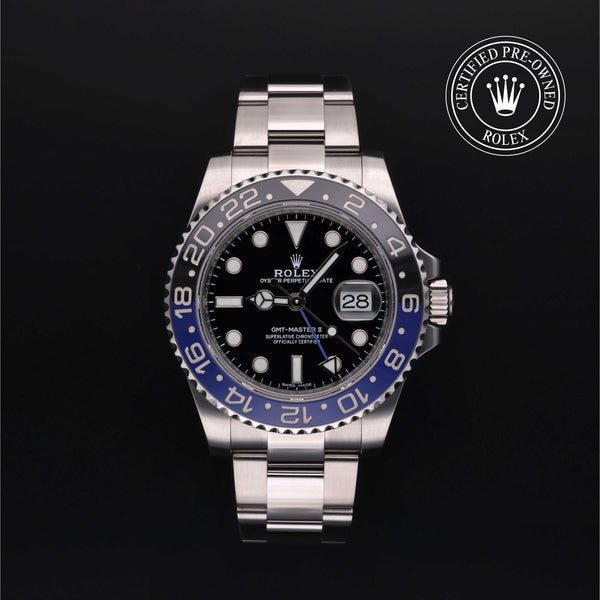 Rolex Certified Pre-owned GMT II M116710BLNR-0002 front on black background
