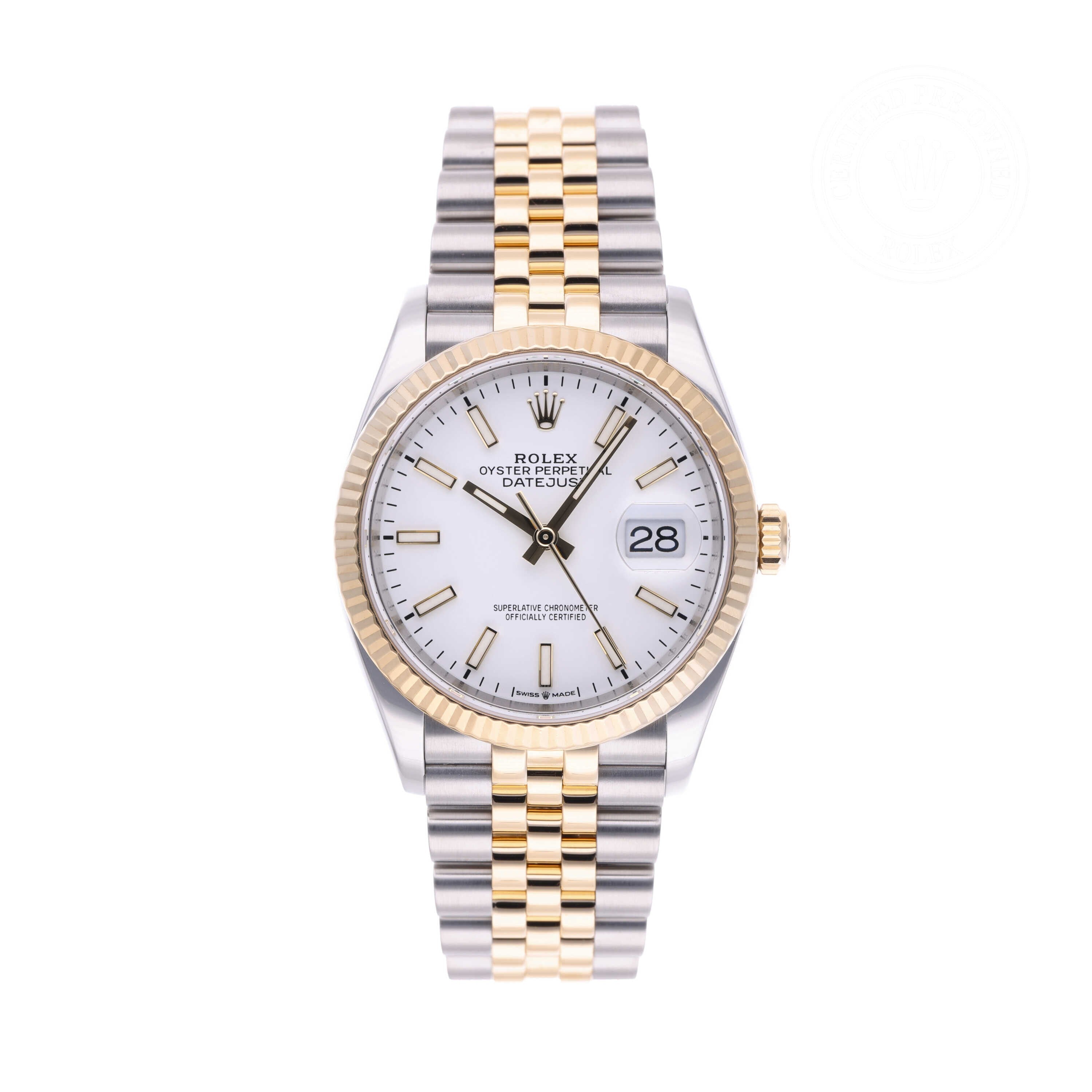 Rolex Certified Pre-owned Datejust M126233-0019 front on white background