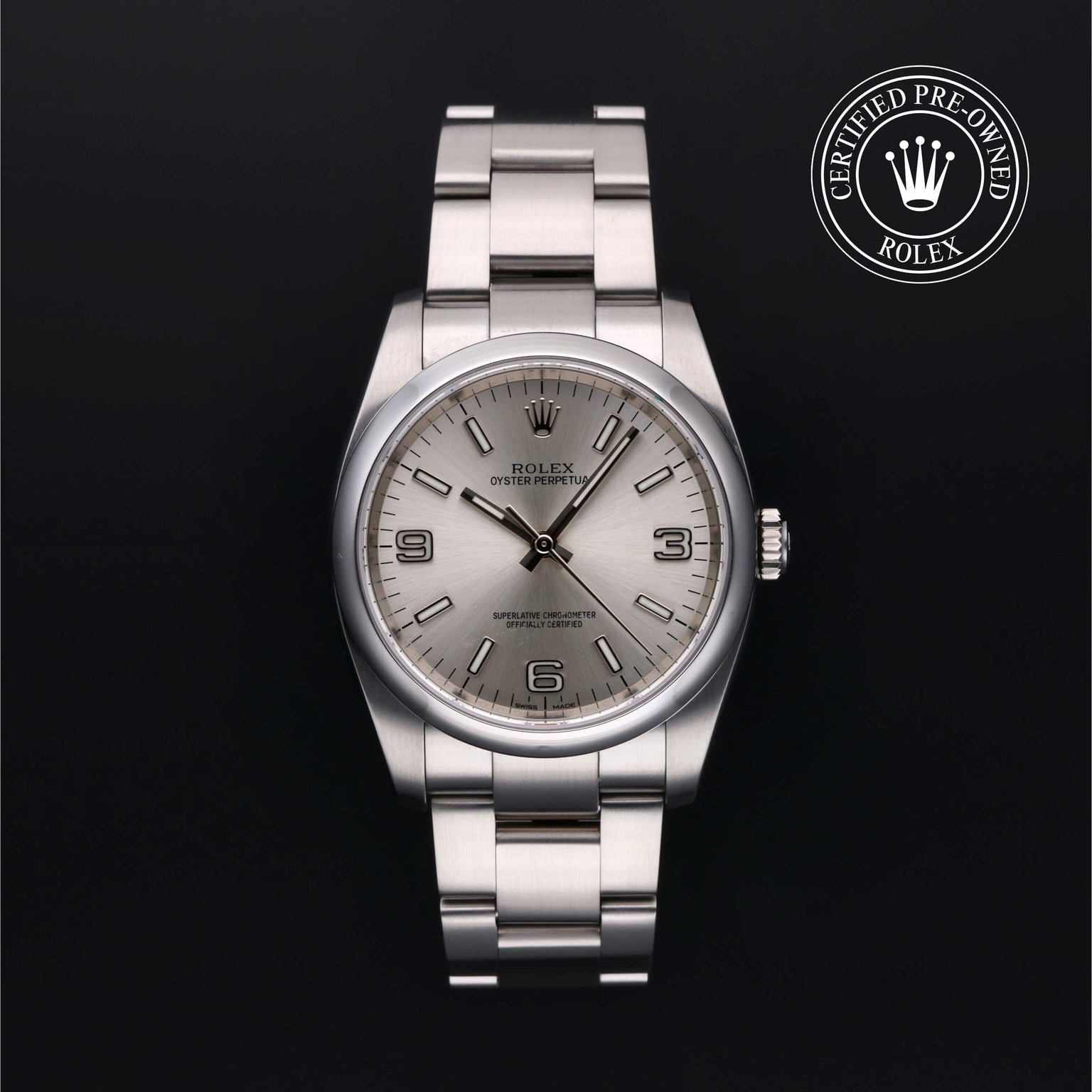 Rolex Certified Pre-owned Oyster Perpetual M116000-0001 front on black background
