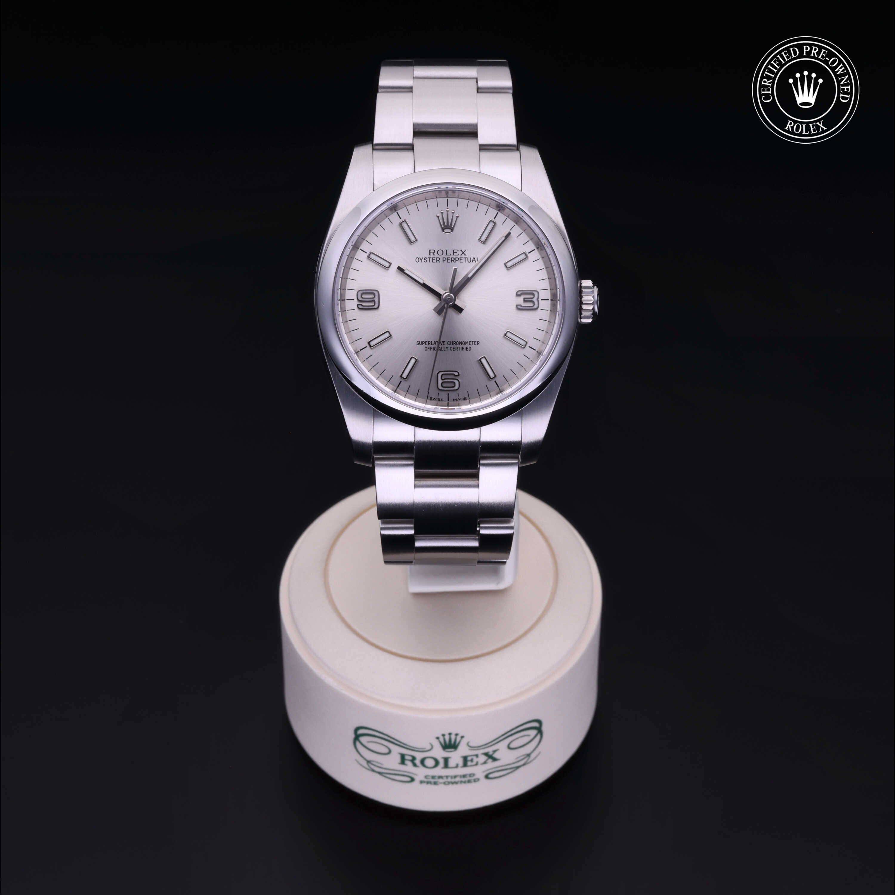 Rolex Certified Pre-owned Oyster Perpetual M116000-0001 front on black background